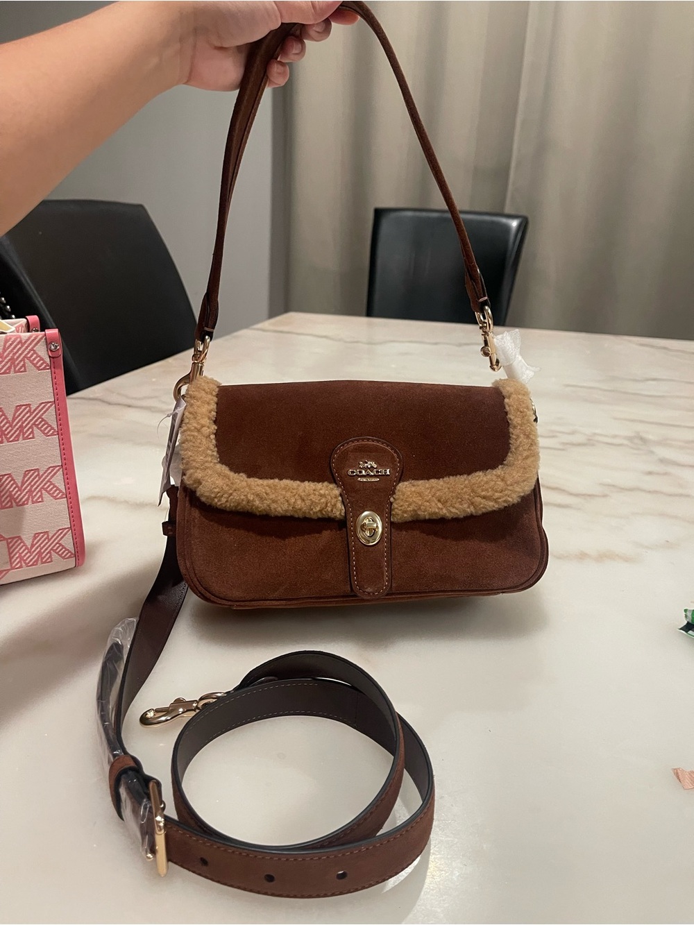 Coach Brown Suede Shoulder Bag with Shearling Trim